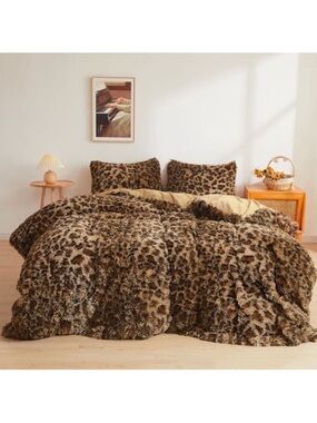 Cheetah Print Fluffy Faux Fur Duvet Cover Set